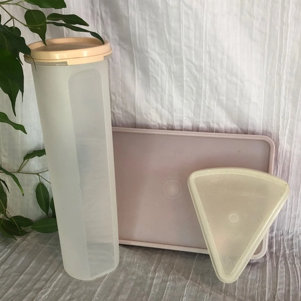 Vintage TUPPERWARE lot of 3-tall Spaghetti storage, bacon keeper, pie storage
